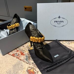 Prada Satin Black Pumps with Gold Embellishments